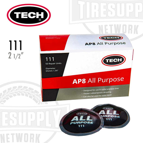 A box of TECH AP8 All Purpose Round 2-1/2" Tire Patch Repair Units. The box is predominantly white with red and black text and logo, and images depicting the black round tire patches.