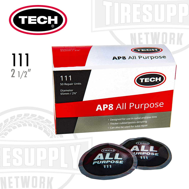 A box of TECH AP8 All Purpose Round 2-1/2" Tire Patch Repair Units. The box is predominantly white with red and black text and logo, and images depicting the black round tire patches.
