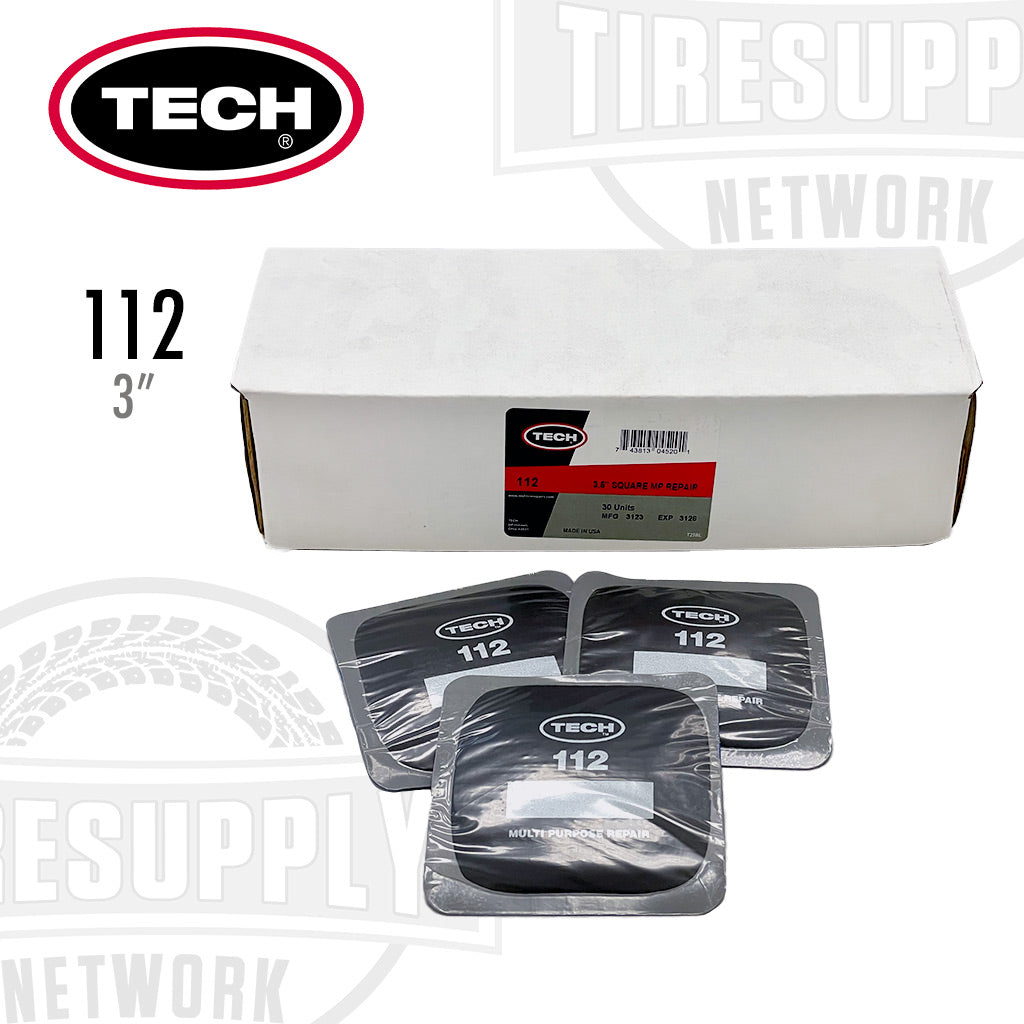 A box of TECH branded tire patch repair units, with individual patches visible in front of the box. The patches are labeled with the brand name and the size '3 inches'.