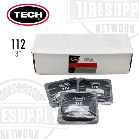 A box of TECH branded tire patch repair units, with individual patches visible in front of the box. The patches are labeled with the brand name and the size '3 inches'.