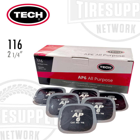 A box of TECH AP6 all-purpose square tire patch repair units, with individual patches displayed in front.