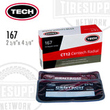 Packaging for TECH CT-12 Centech Radial fabric-reinforced radial tire patch repair unit, showing the box and the individual patch inside.