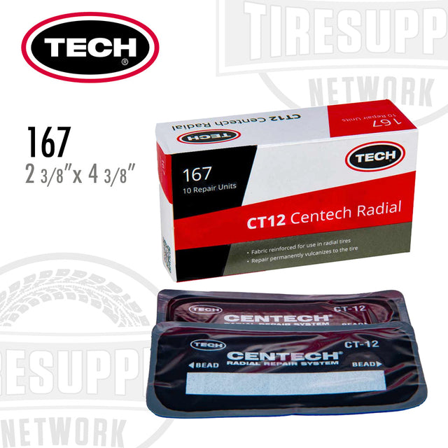 Packaging for TECH CT-12 Centech Radial fabric-reinforced radial tire patch repair unit, showing the box and the individual patch inside.