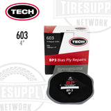 Packaging for TECH BP3 Bias Ply Repairs, featuring a black and red design with product information and a sample patch shown in the center.