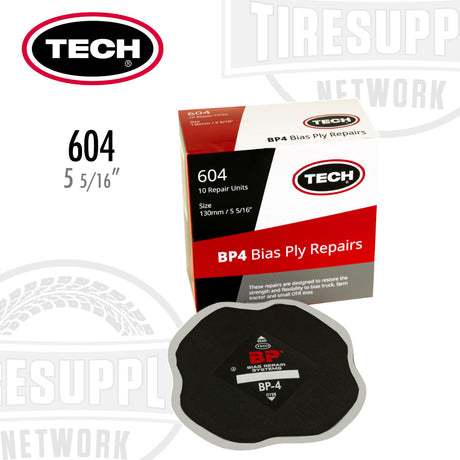 Packaging box of TECH BP4 Bias Ply Repairs with a single black rubber patch visible in front, indicating size 5 5/16 inches. 604