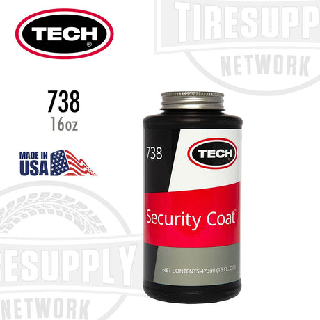 A bottle of TECH Security Coat tire repair sealer with a label indicating it is a 16 oz bottle, product number 738, and made in the USA.