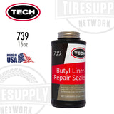 A 16 oz bottle of TECH Butyl Liner Repair Sealer with a built-in brush/lid applicator, primarily black in color with red and white accents and the American flag.