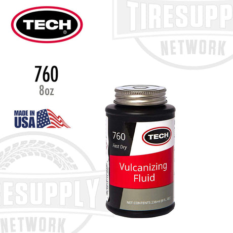 A bottle of TECH Fast Dry Chemical Vulcanizing Fluid Tire Repair Cement, labeled as '760 8oz' with the TECH logo and Made in USA flag.