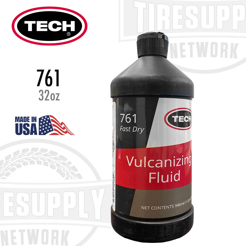 A bottle of TECH Fast Dry Chemical Vulcanizing Fluid Tire Repair Cement, 1 Quart / 32 oz size, with red, white, and black color scheme and branding. 761