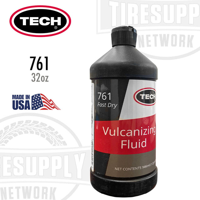 A bottle of TECH Fast Dry Chemical Vulcanizing Fluid Tire Repair Cement, 1 Quart / 32 oz size, with red, white, and black color scheme and branding. 761