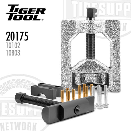 Tiger Tool metal press tool with accessories on a white background. 20175. 10102. 10803.