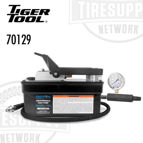 Tiger Tool air hydraulic foot pump with pressure gauge on a white background. 70129.