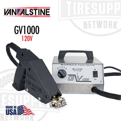 Van Alstine GV1000 tire groover, black and silver in color, designed for cutting grooves into tires, with control settings on the side. The product is pictured with the Van Alstine logo visible and text indicating the model and voltage.