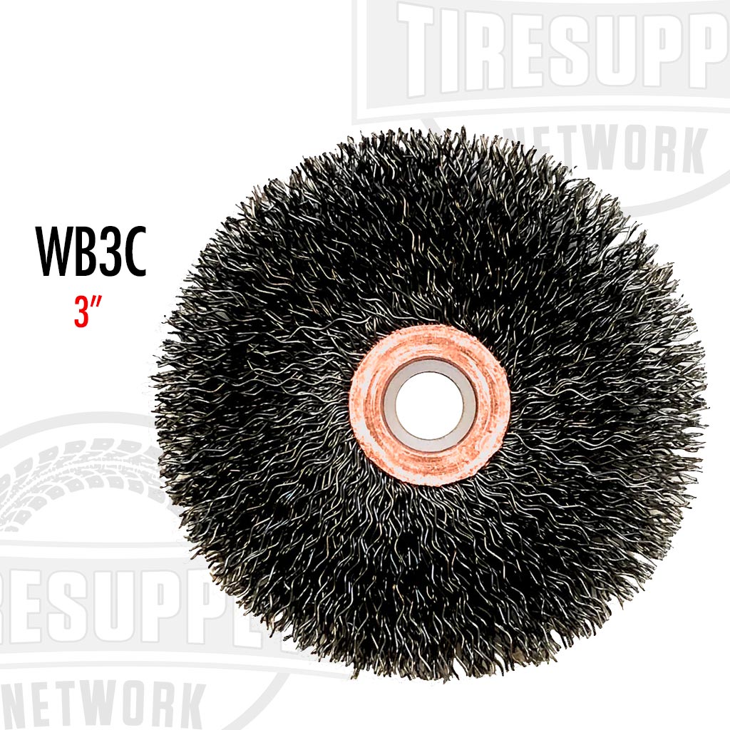 A 3-inch coarse wire brush wheel with a visible arbor hole in the center, predominantly black in color.