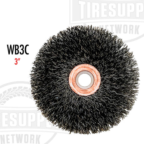 A 3-inch coarse wire brush wheel with a visible arbor hole in the center, predominantly black in color.