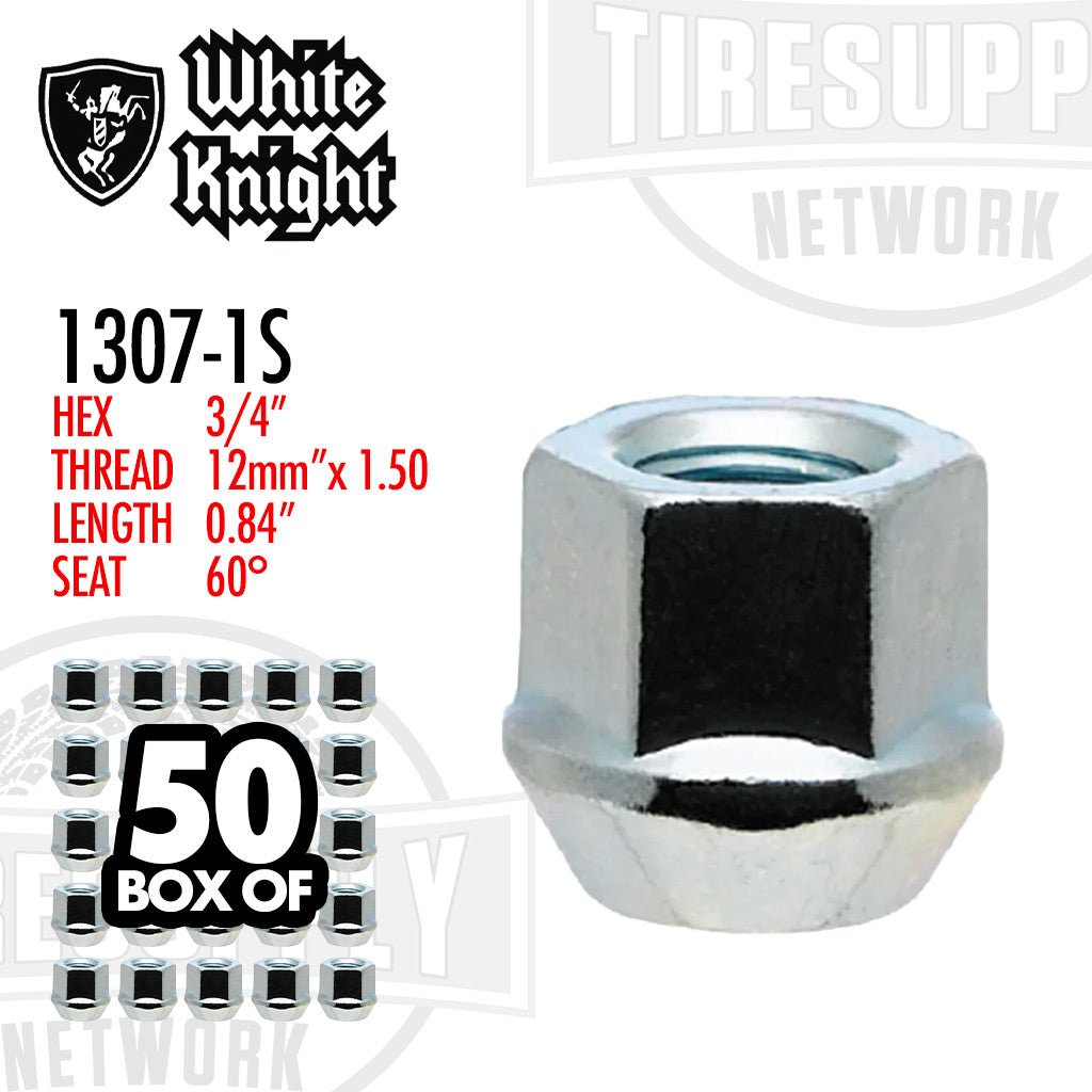 White Knight | Chrome Open-End Bulge - Hex 3/4″ - Thread 12mm x 1.5 - L 0.84&quot; - Seat 60° - Box of 50 (1307-1S)