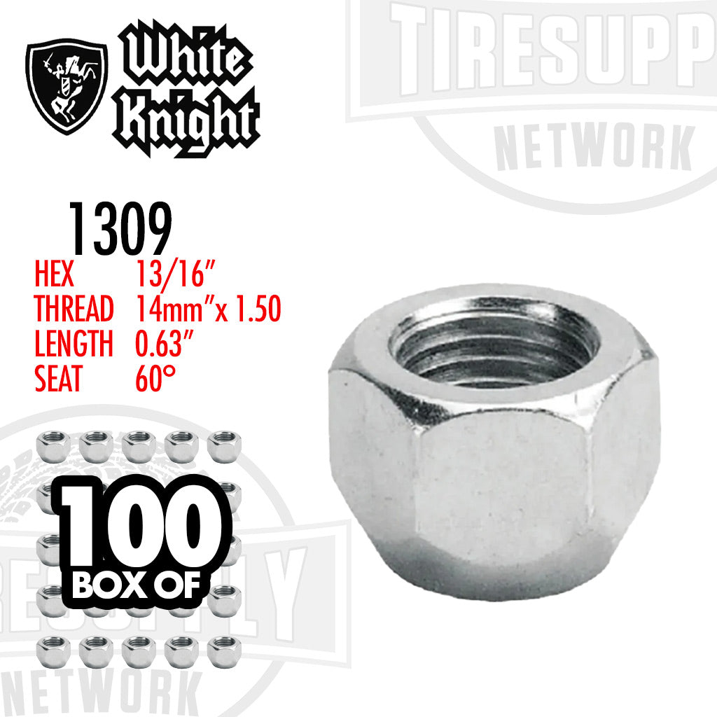 White Knight | Chrome Open-End Acorn 13/16″ Hex Lug Nut - Thread Size 14mm x 1.50 - Box of 100 (1309)