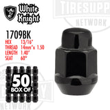 White Knight | Black Bulge Acorn 13/16″ Hex Lug Nut - Thread Size 14mm x 1.50 - Box of 50 (1709BK)