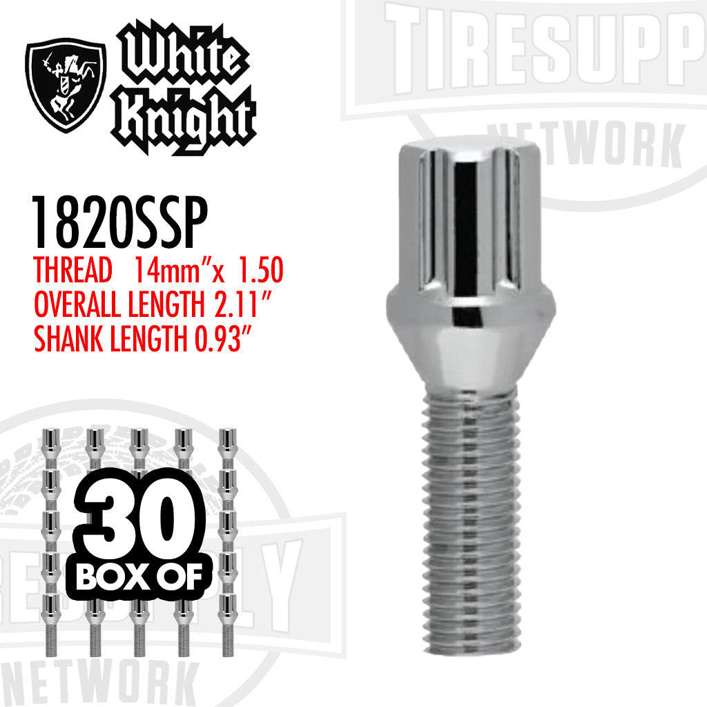 White Knight 1820SSP Chrome Spline Lug Bolt with 24mm Shank - Thread Size 14mm x 1.50 - Box of 30