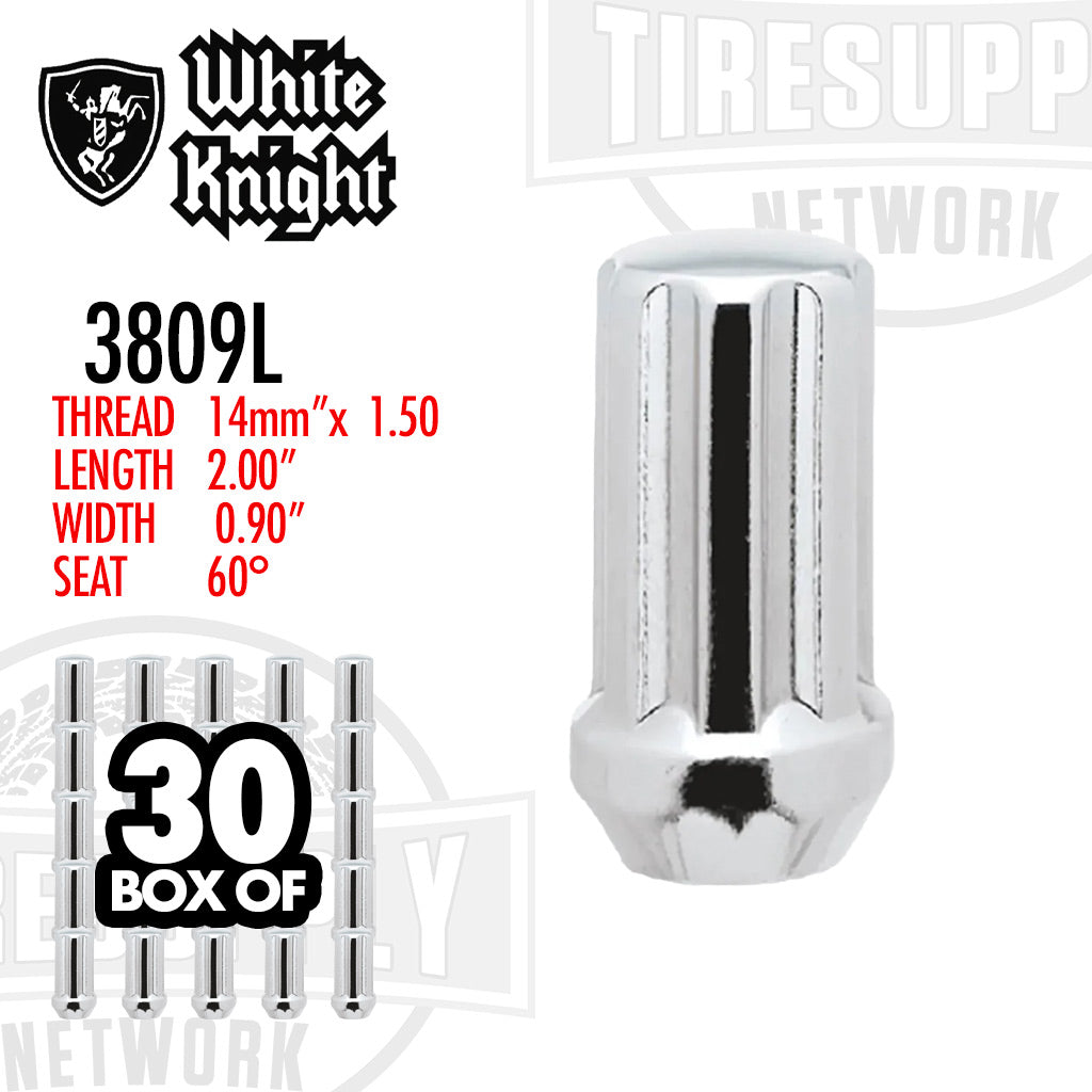 White Knight | 3809L Chrome Duplex Spline Acorn Long Lug Nut - Thread Size 14mm x 1.50 - Box of 30