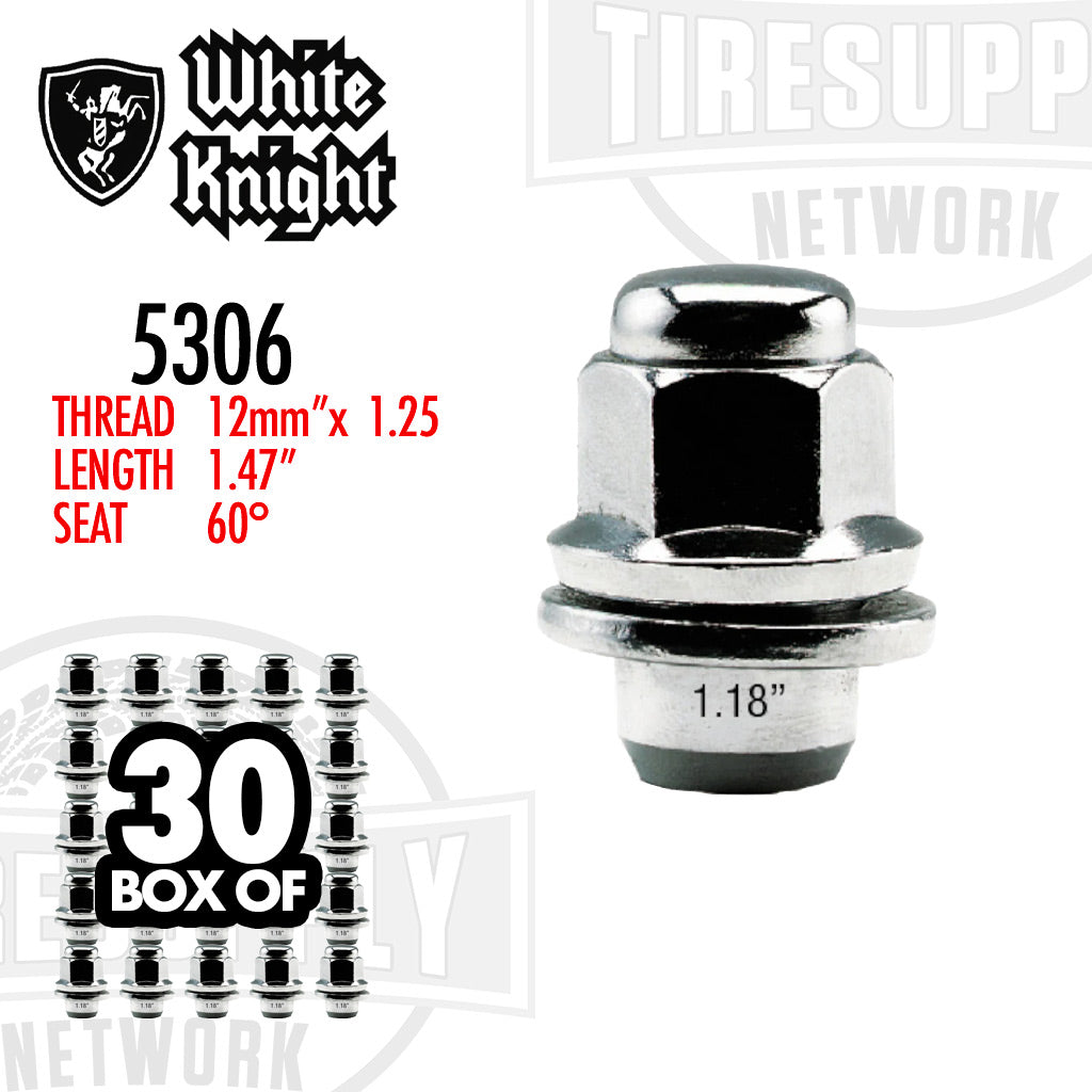 White Knight | Chrome Medium Mag OEM Factory Lug Nut with Washer - Thread Size 12mm x 1.25 - Box of 30 (5306)