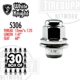 White Knight | Chrome Medium Mag OEM Factory Lug Nut with Washer - Thread Size 12mm x 1.25 - Box of 30 (5306)