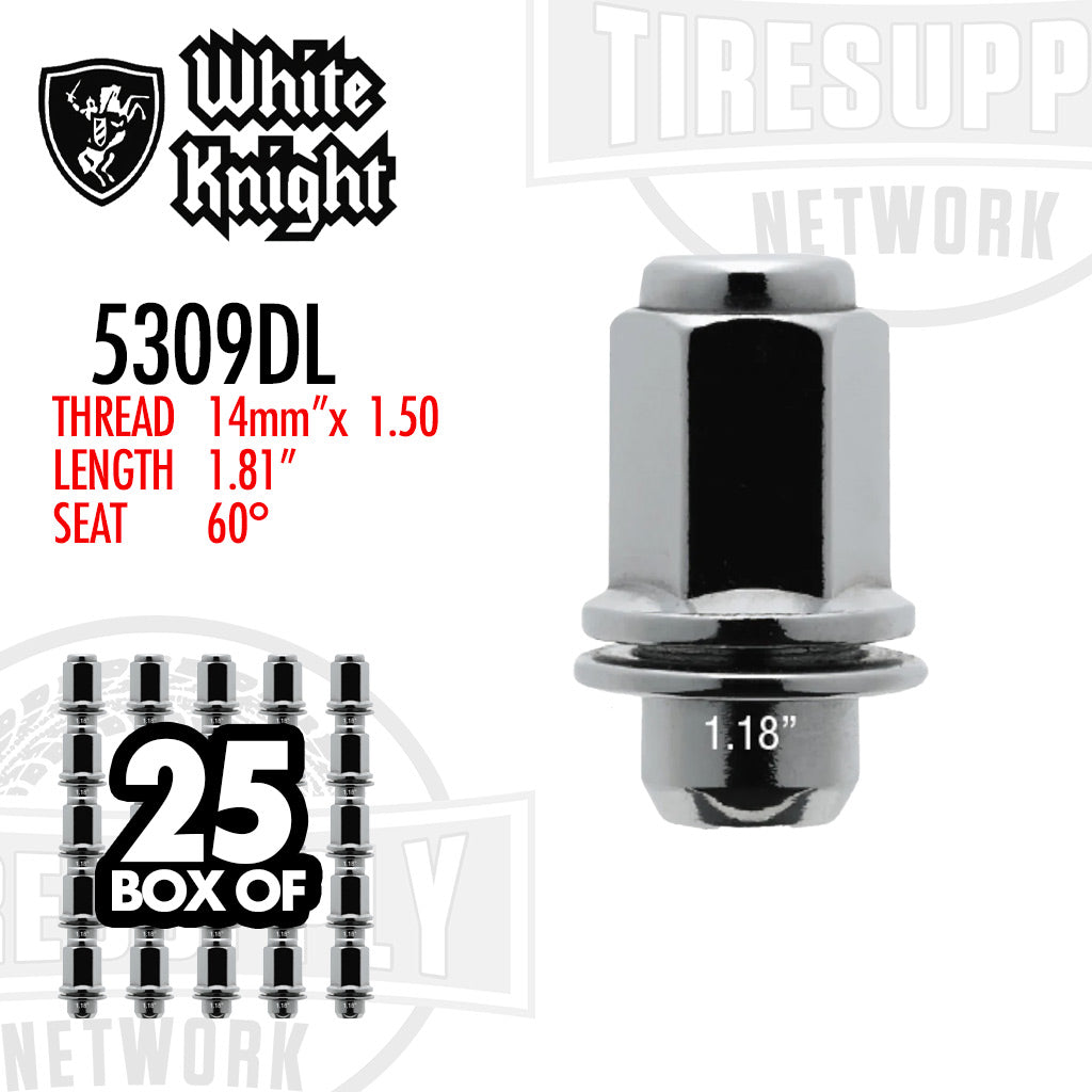 White Knight 5309DL Chrome Duplex Mag OEM Factory Lug Nut with Washer - Thread Size 14mm x 1.50 - Box of 25