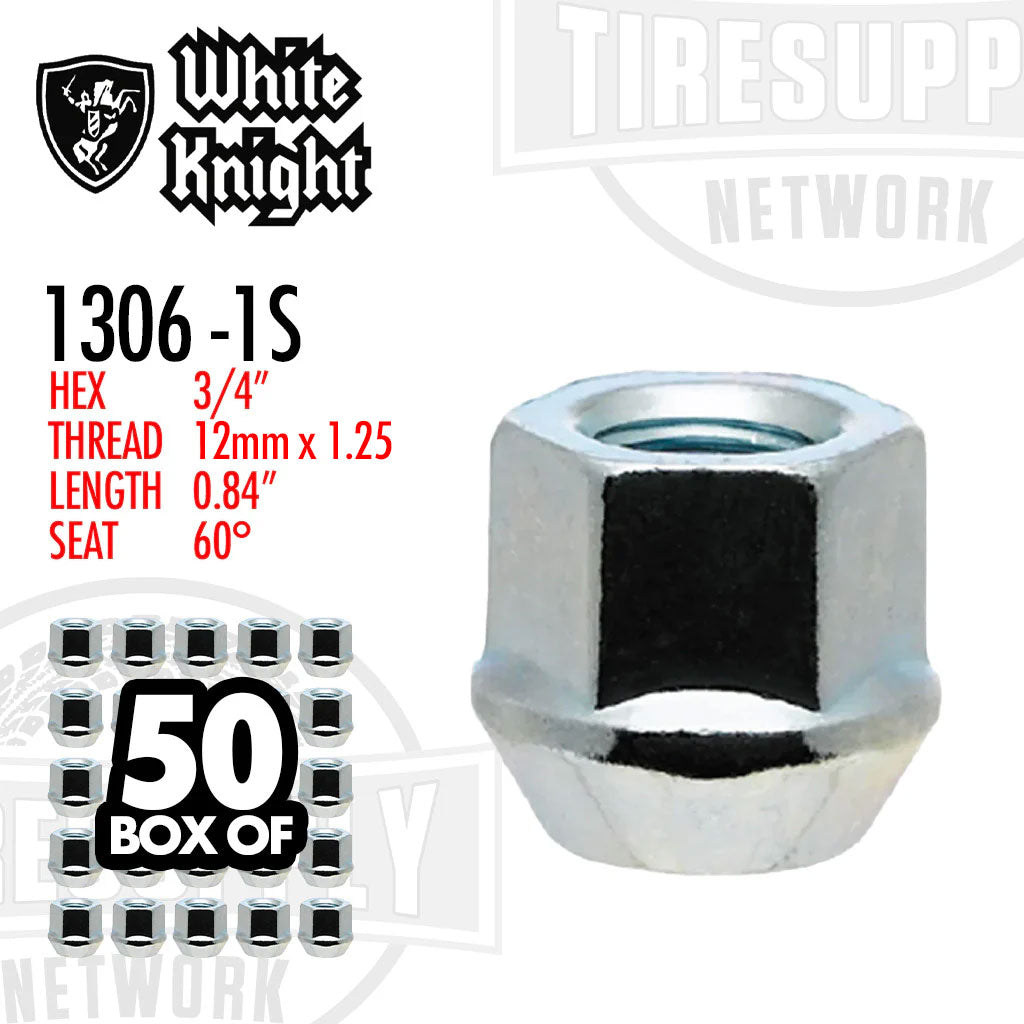 White Knight | Chrome Open-End Bulge -  Hex 3/4&quot; - Thread 12mm x 1.25 - L 0.84&quot; - Seat 60° - Box of 50 (1306-1S)