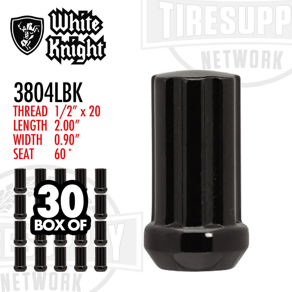 White Knight | 3804LBK Black Duplex Spline Acorn Long Lug Nut - Thread Size 1/2″ x 20 - Box of 30