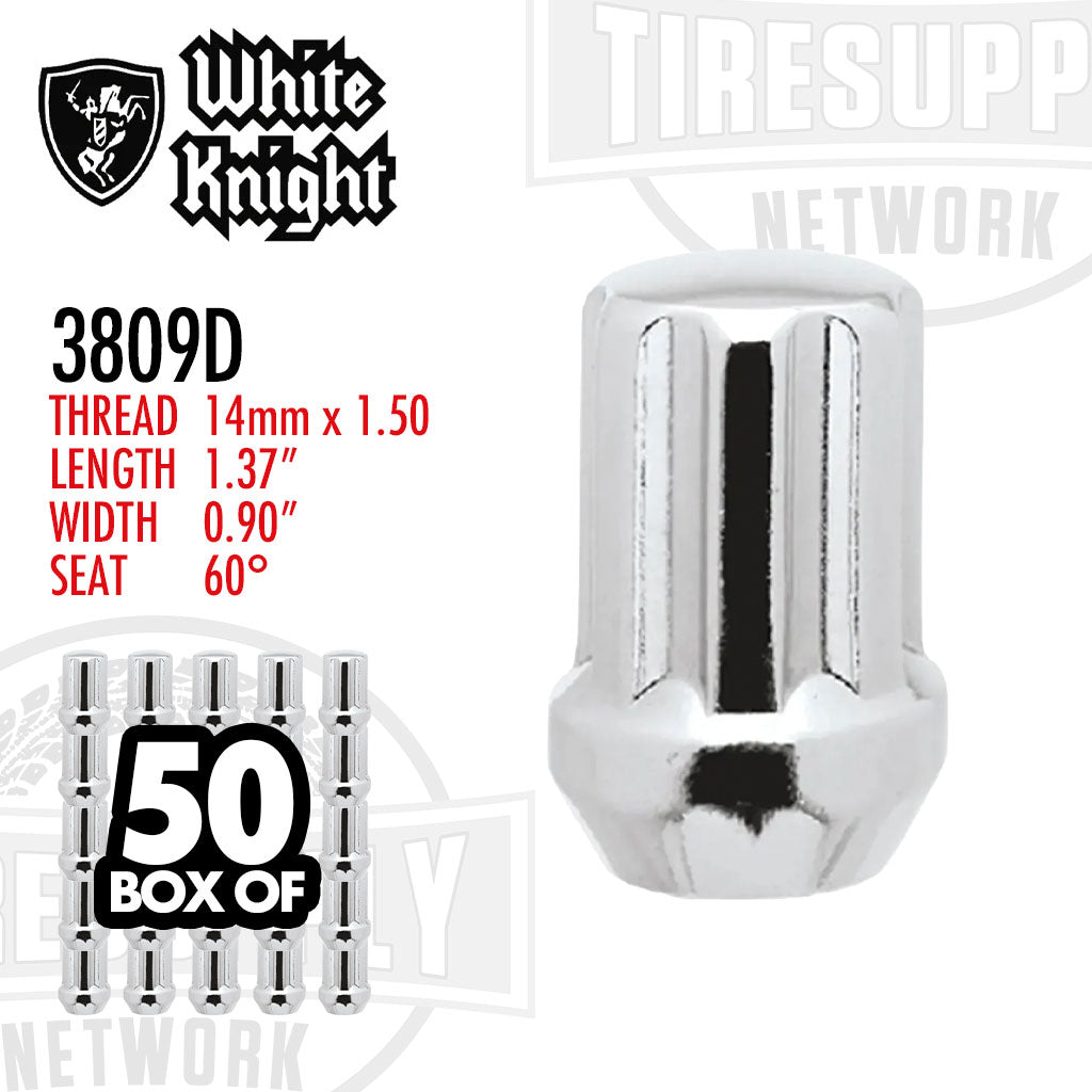 White Knight 3809D | Chrome Duplex Short Spline Acorn Lug Nut - Thread Size 14mm x 1.50 - Box of 50