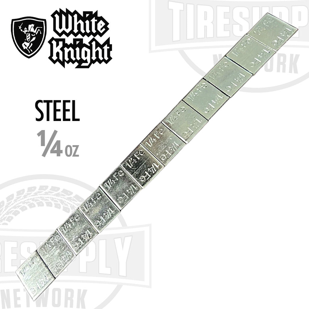 A silver-colored steel low profile stick-on adhesive tape wheel weight with 1/4 oz labeled on it, placed on a white background with the White Knight logo.