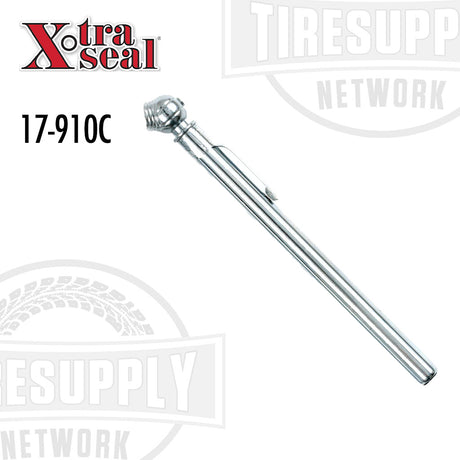 A silver-colored Xtra Seal pencil air pressure gauge designed for passenger tires, with model number 17-910C displayed. GA-105