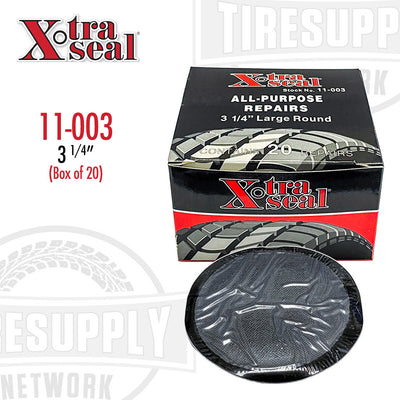 A product image featuring a box labeled Xtra Seal with a visual representation of a black round feather-edge tube patch repair. The box indicates the patch size as 3 1/4 inches and mentions that there are 20 patches per box. 11-003
