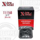 A box of Xtra Seal universal tire repair patches, with the patch itself visible through a cut-out window on the box. The patch is gray with a blue backing, and the box is black with red and white text and graphics. 11-116B