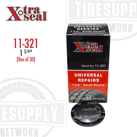 A product image featuring a box labeled 'Xtra Seal' with the stock number '11-321' indicating a universal repair patch for radial tires. The box mentions the patch size as 1 3/4 inches and shows an image of the black patch with blue backing.