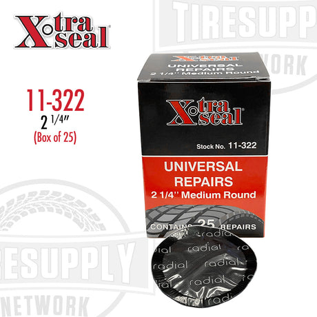 A product image showing a box of Xtra Seal universal radial tire repair patches, with the specific product being discussed visible on the box. The box is labeled with the patch size of 2 1/4 inches.