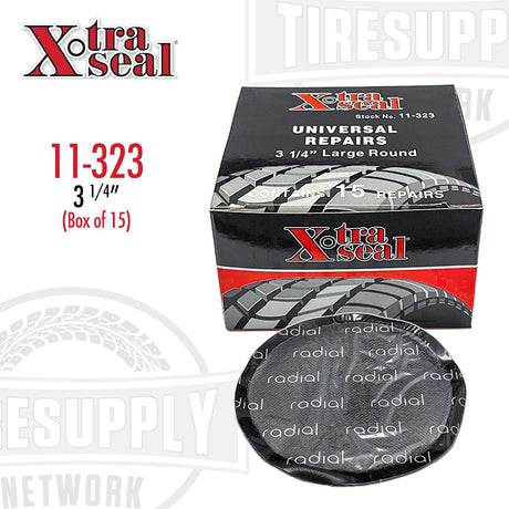 A product image featuring a large round universal radial tire repair patch alongside its packaging box, labeled Xtra Seal with the size mentioned as 3 1/4".