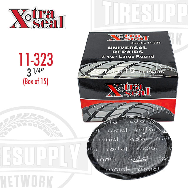 A product image featuring a large round universal radial tire repair patch alongside its packaging box, labeled Xtra Seal with the size mentioned as 3 1/4".