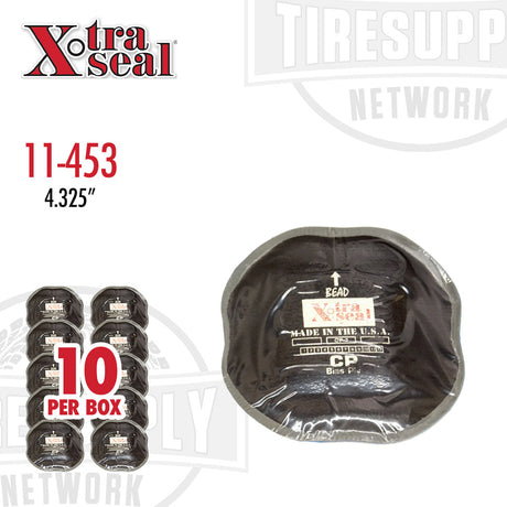 Packaging for Xtra Seal CP3 Bias Patch 2 Ply, indicating the product size of 4 3/8 inches and the quantity of 10 per box, with the brand logo and 'Made in U.S.