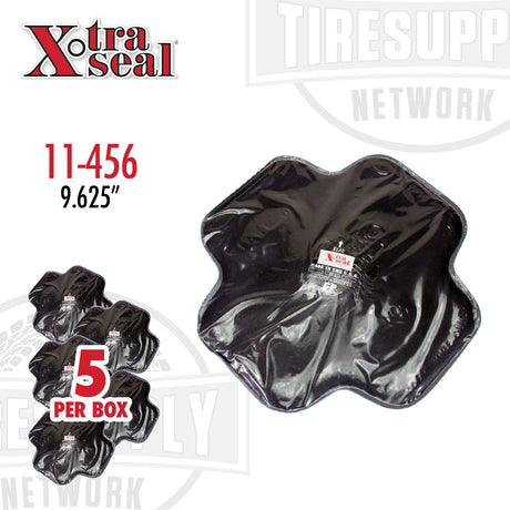 A black bias patch tire repair unit with product details visible, packaged in a box labeled with '5 PER BOX'. 11-456 9.625"
