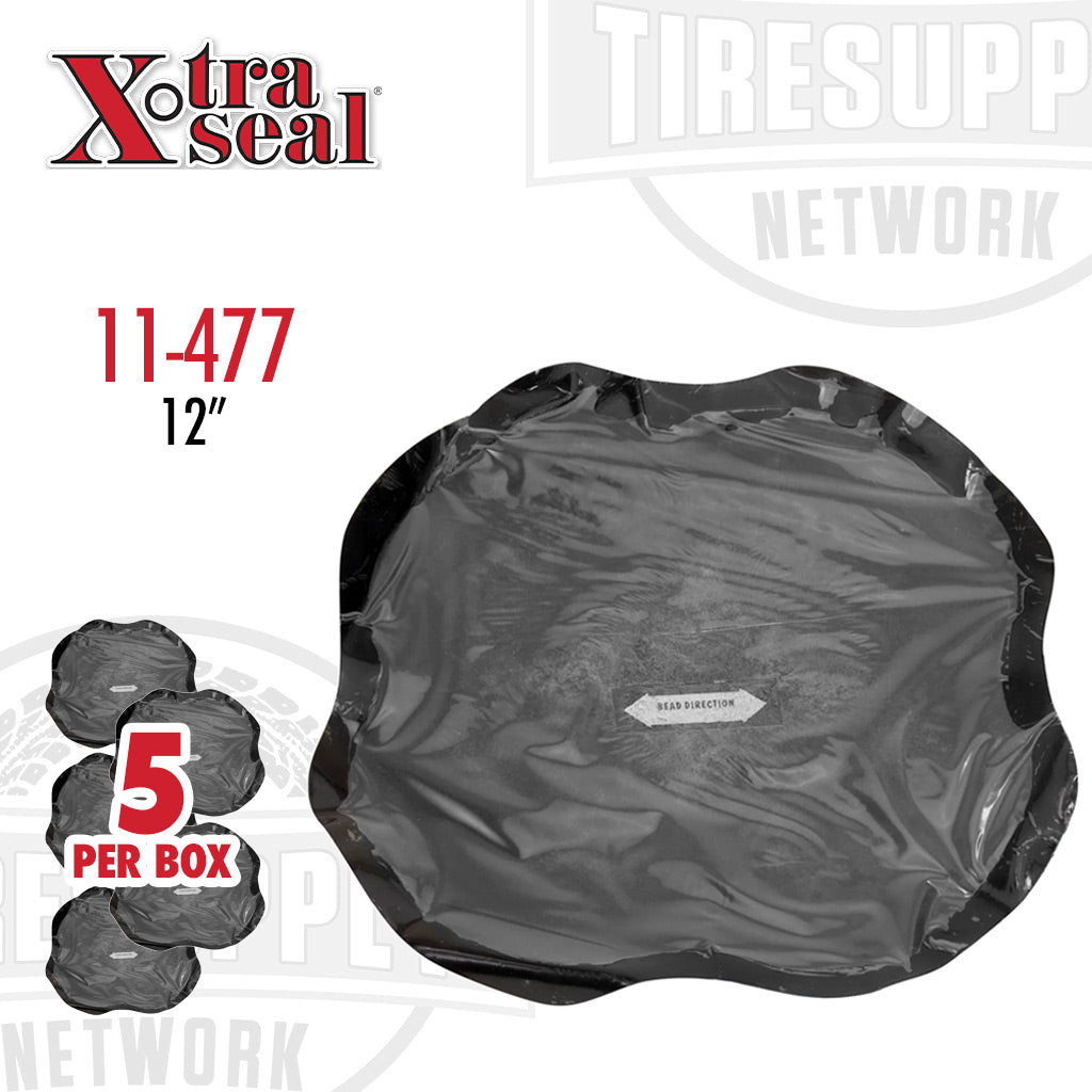A black bias patch tire repair, with packaging indicating '5 per box' and the product size '12 1/2 inches'. The patch is designed for agricultural use. 11-477