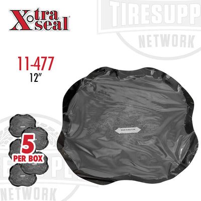 A black bias patch tire repair, with packaging indicating '5 per box' and the product size '12 1/2 inches'. The patch is designed for agricultural use. 11-477