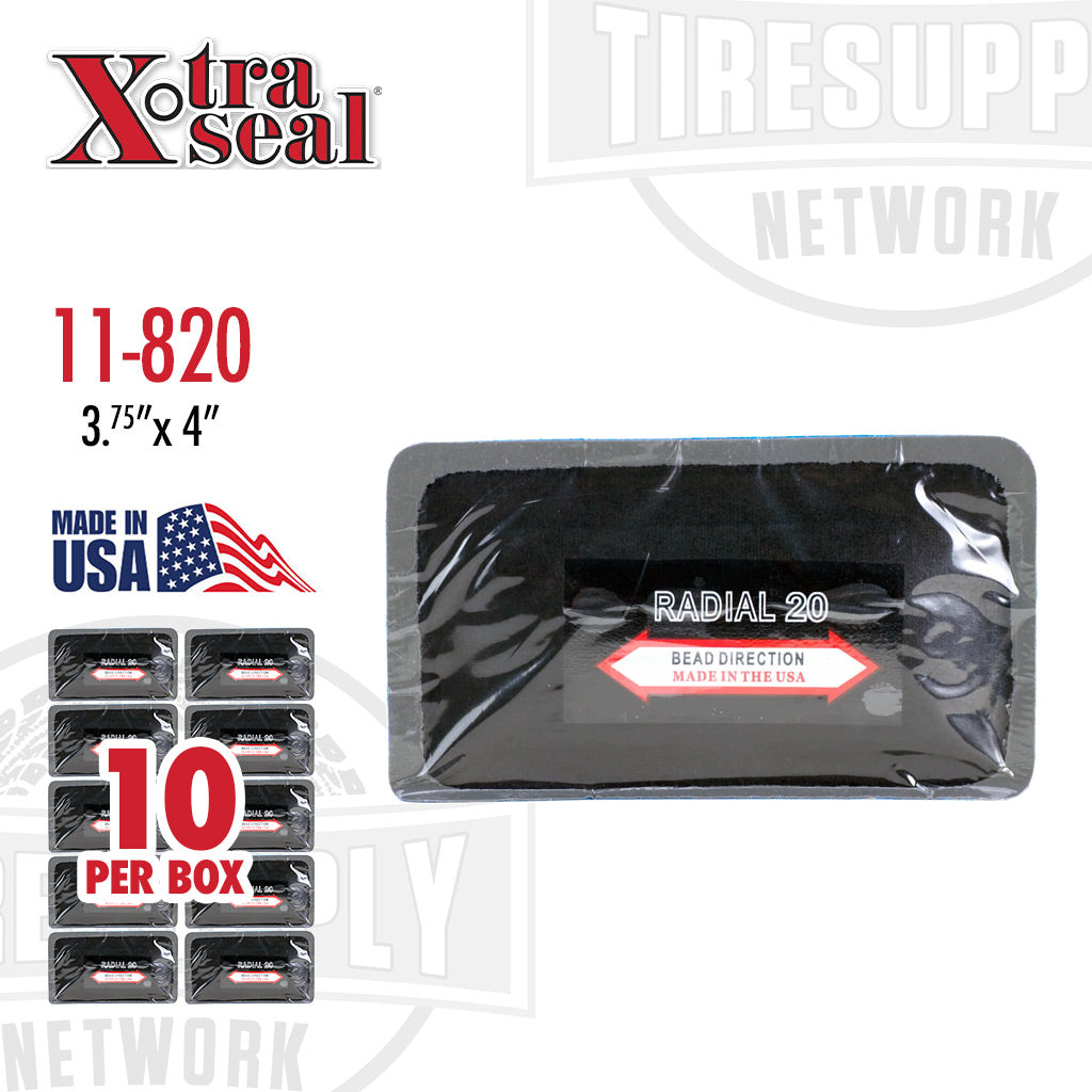 Packaging of Xtra Seal Radial 20 Patch Repair, showing individual patches inside a box, with product details and the statement 'MADE IN USA'.