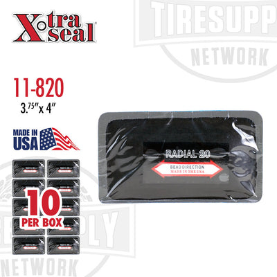 Packaging of Xtra Seal Radial 20 Patch Repair, showing individual patches inside a box, with product details and the statement 'MADE IN USA'.