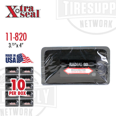 Packaging of Xtra Seal Radial 20 Patch Repair, showing individual patches inside a box, with product details and the statement 'MADE IN USA'.