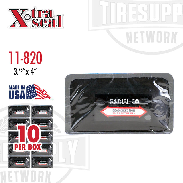 Packaging of Xtra Seal Radial 20 Patch Repair, showing individual patches inside a box, with product details and the statement 'MADE IN USA'.