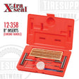 Xtra Seal tire puncture repair kit with red plastic case, showing chrome T-handle tools and brown string-type tire repair plug inserts. 12-358