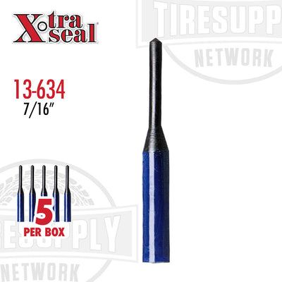 A box of Xtra Seal pull thru inserts for tire repair, with a diameter specification of 7/16" displayed on the packaging. 13-634