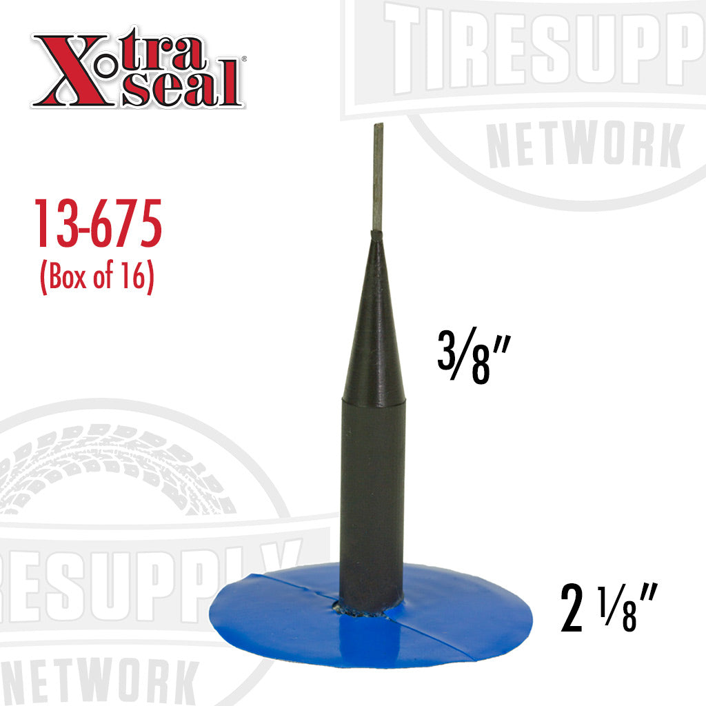 Xtra Seal Lead-Wire Patch Plug Combination Units, with a gray vulcanizing gum and blue poly backing, designed for chemical or heat vulcanization, intended for use in radial and bias ply tires. 14-032