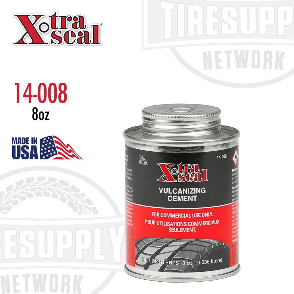 8 oz can of Xtra Seal Chemical Vulcanizing Tire Repair Cement with a black and red label, indicating it is for commercial use only, made in the USA.